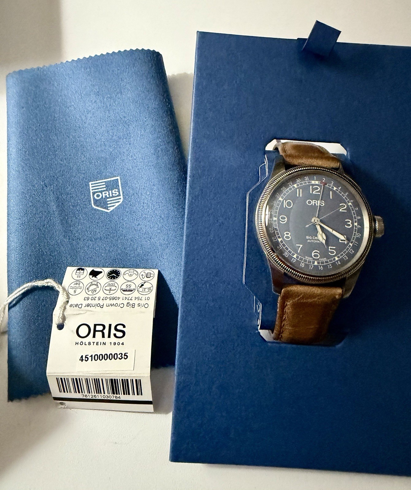 Oris Big Crown Pointer Date Auto Blue Dial Brown Leather Strap 40mm Box/Pprs