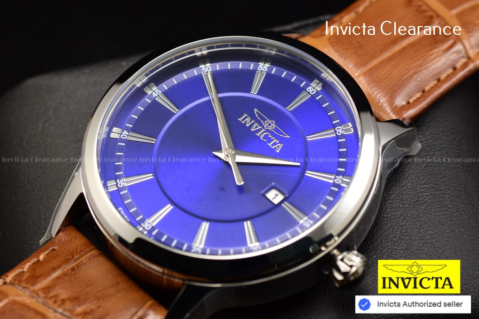 INVICTA CELESTIAL 43mm DARK Blue Dial Quartz Date CLASSIC Brown Leather Watch