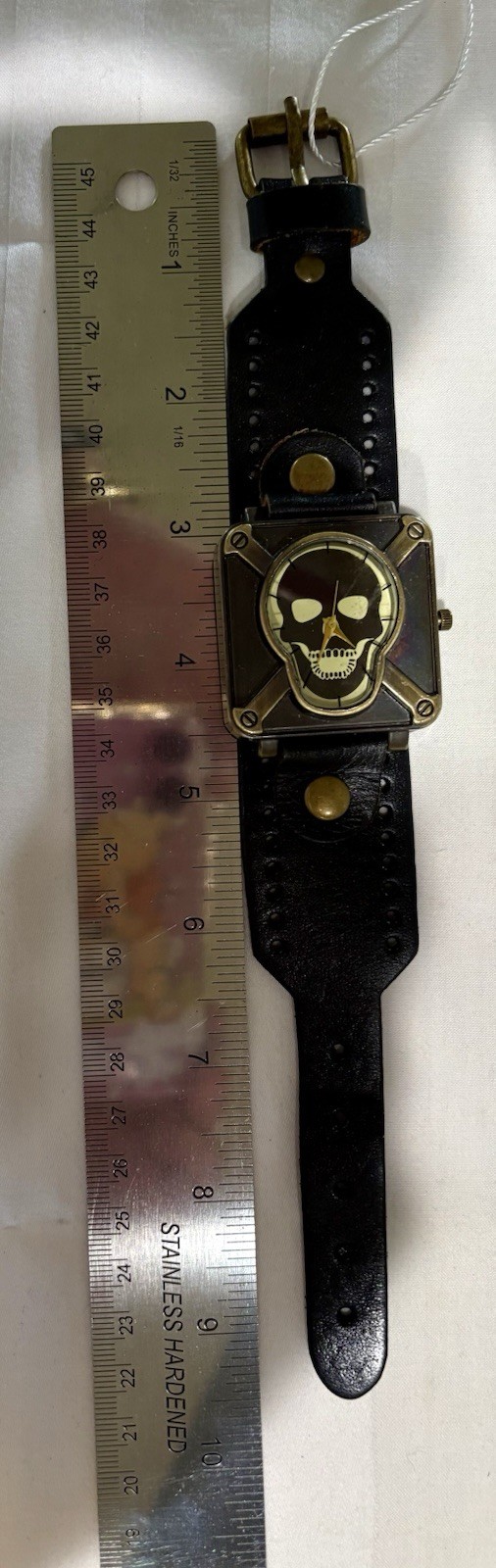 Pirate Skull Face Analog Wristwatch Square Black Metal Case Black Leather Strap