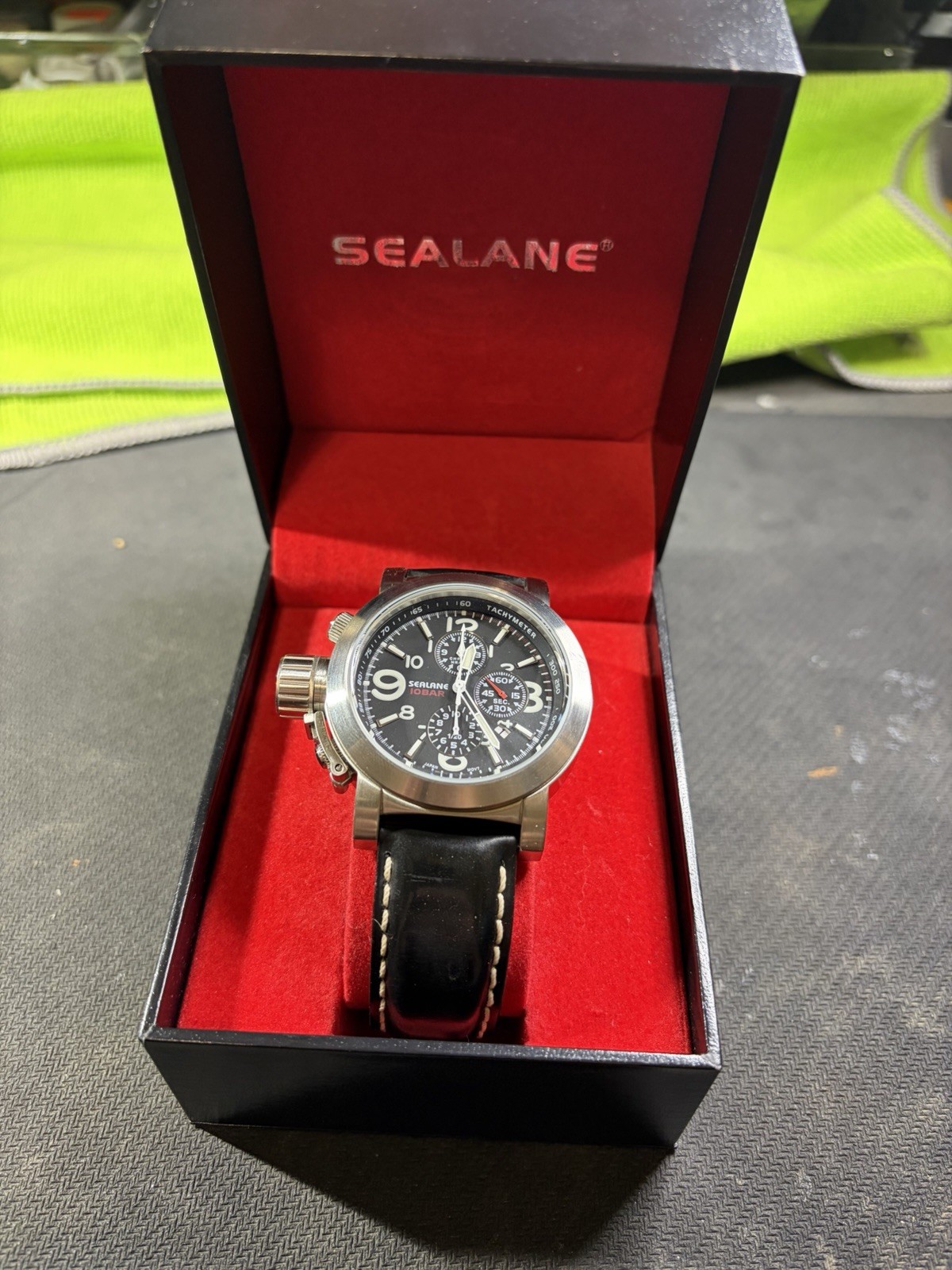 SEALANE 10BAR Quartz Chronograph 10 BAR Black Dial Black Leather Strap Watch