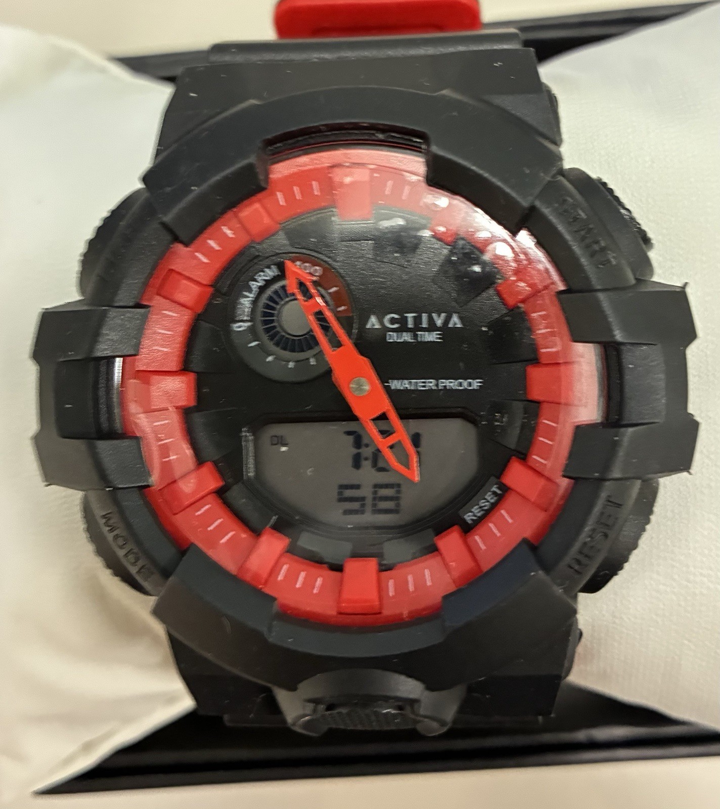 Activa Dual Time Quartz Analog/Digital Watch 56mm Black/Red Alarm