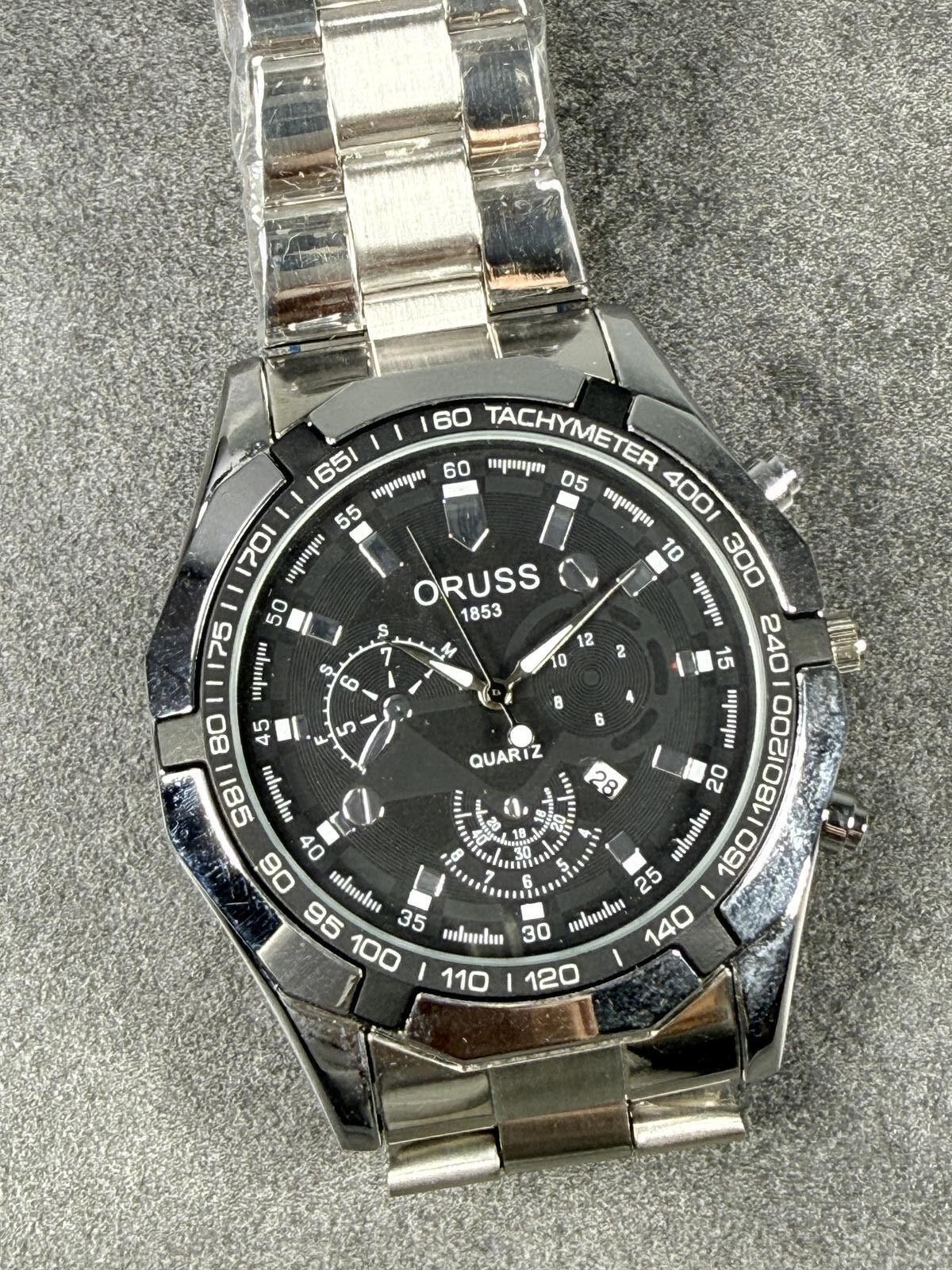 Oruss 1853 Quartz Chronograph Watch 47mm Black Dial Tachymeter Mens Large Mint
