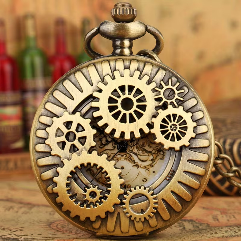 Hollow Gearwheel Half Quartz Retro Pocket Necklace Watch Roman Numerals Analog