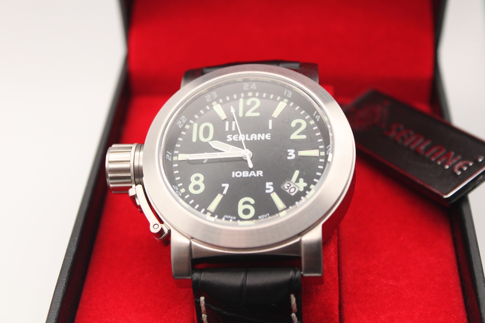 Rare JDM SEALANE 10 BAR Men’s Quartz Watch 44.7mm Box & Tags Black Dial Leather
