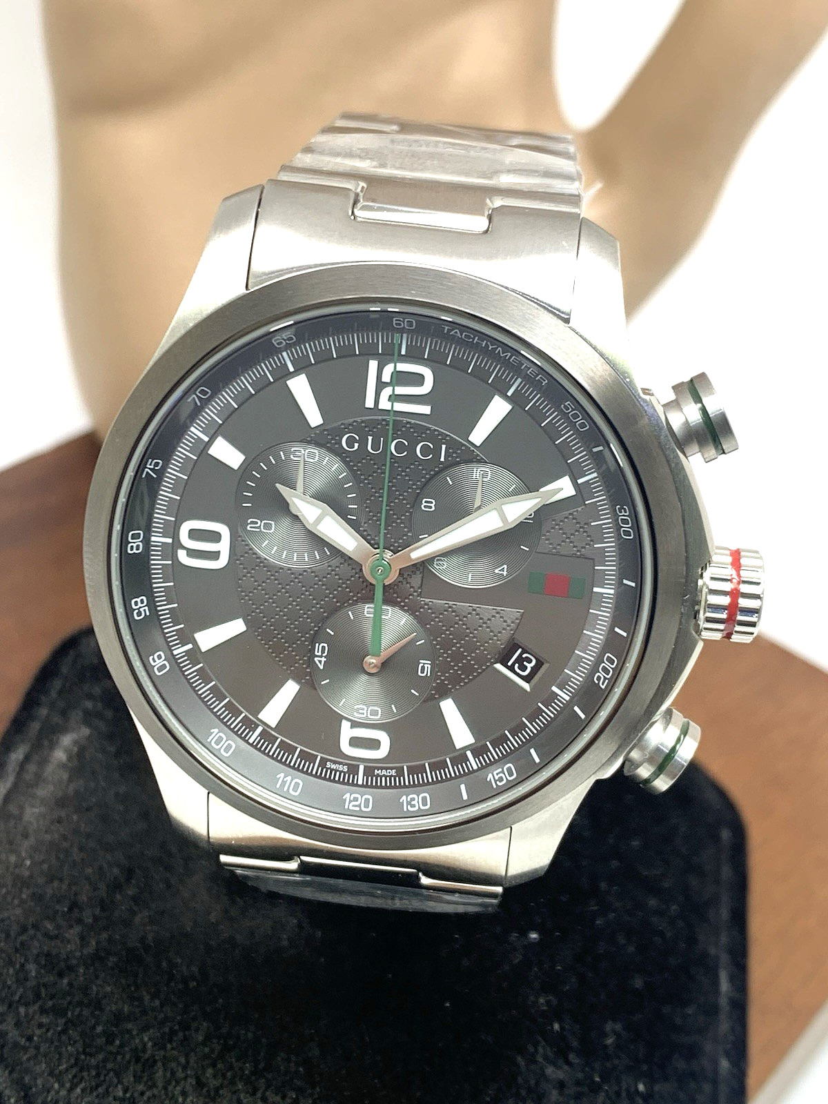 Gucci Mens Watch YA126238 G-Timeless Swiss Quartz Chronograph Gray Silver 46mm