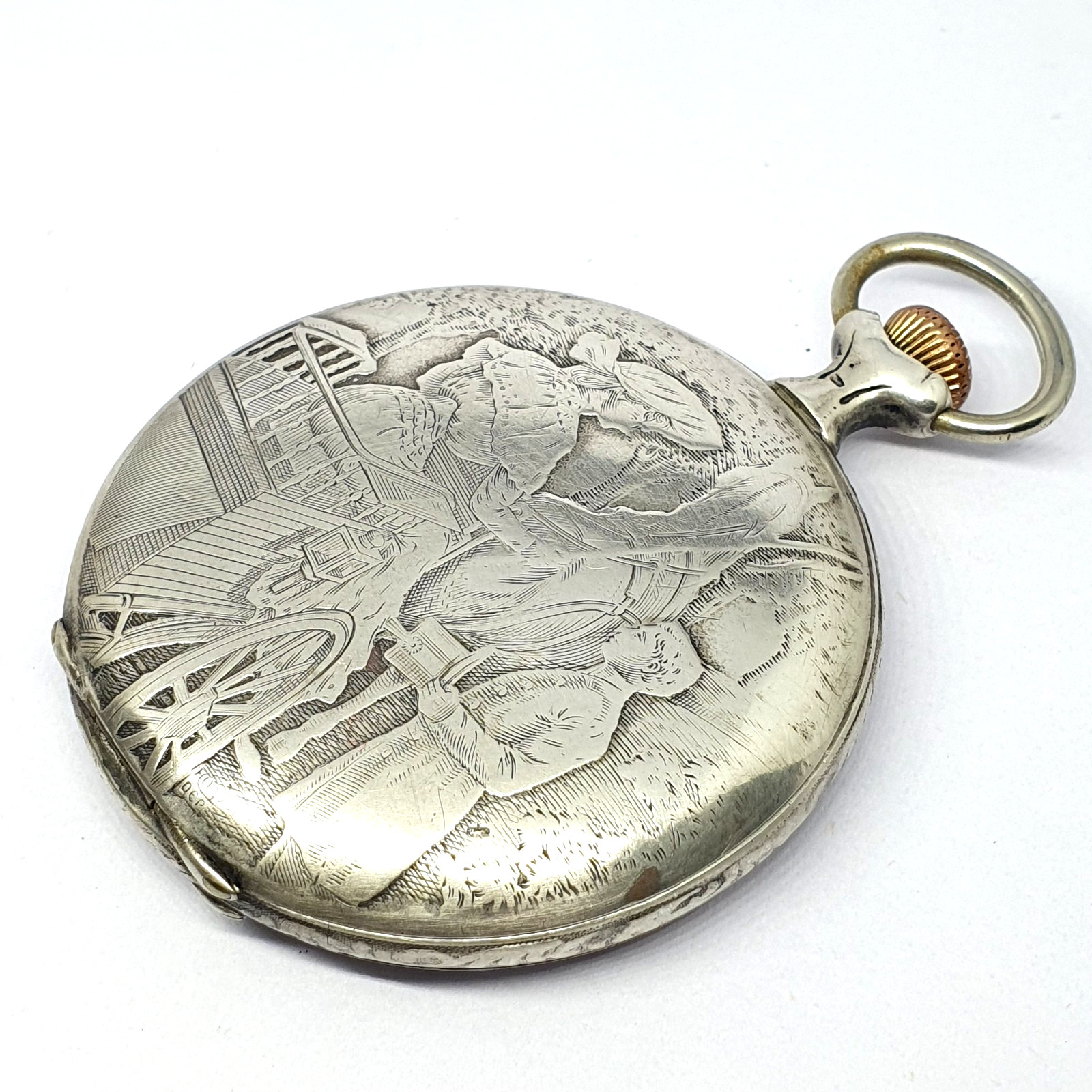 Antique Silver Pocket Watch With Special Lids Horse Motif- 1140