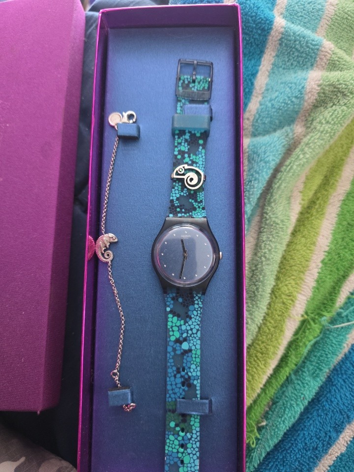 Swatch GZ320 Chamecrazy Blue Green Bubbles 925 Silver Chameleon Bracelet In Box