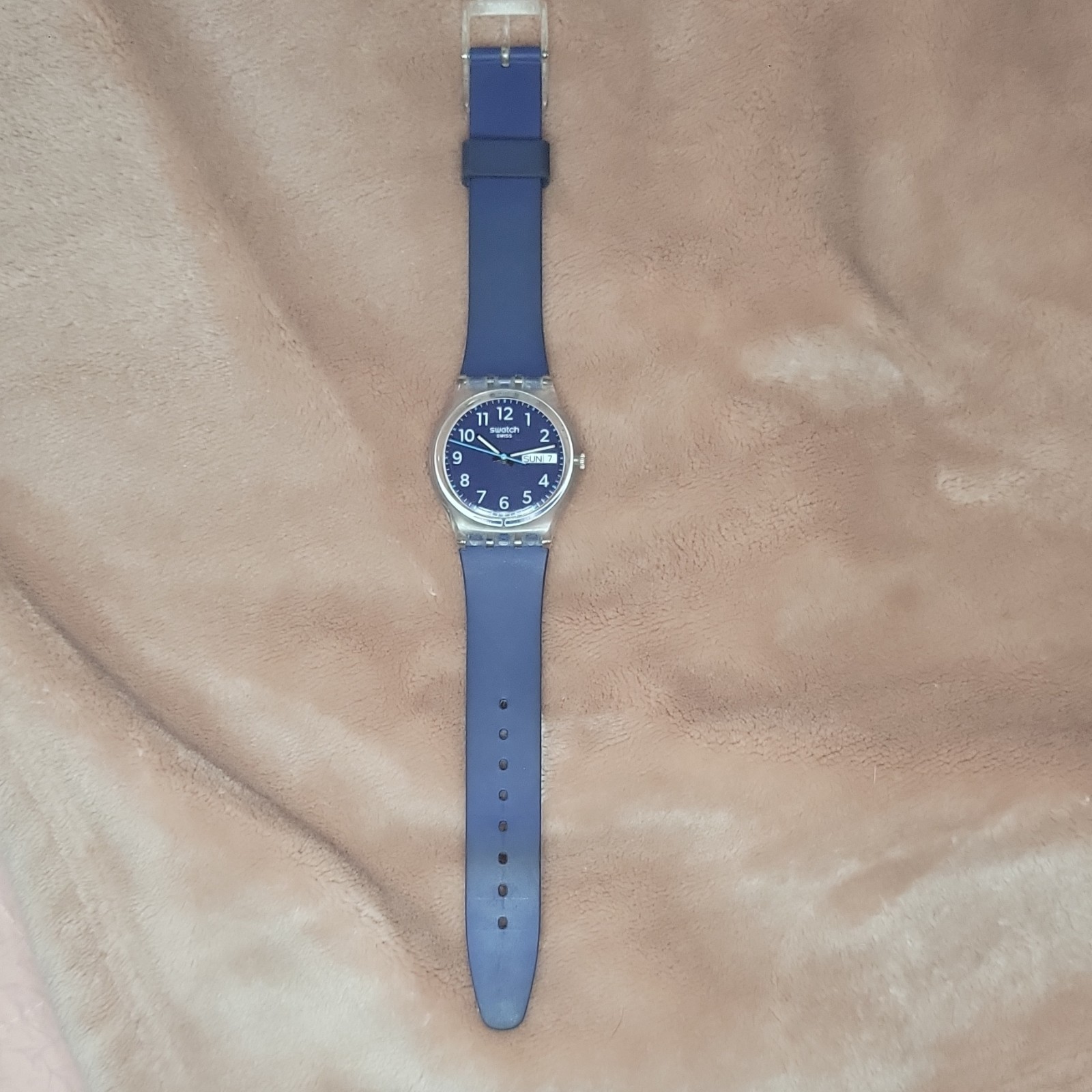 Swatch “RINSE REPEAT NAVY” analog blue/clear biobased plastic dated watch