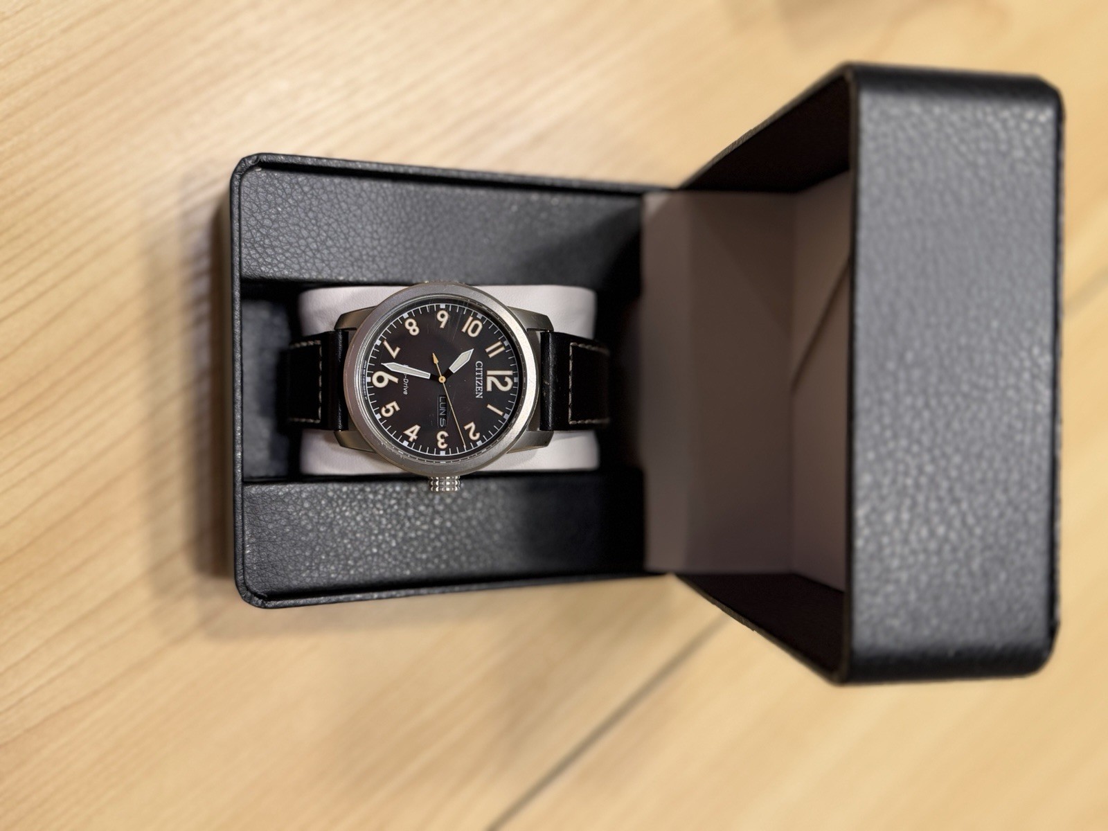 Citizen Chandler BM8471-01E Eco-Drive Black Field Watch Day Date Leather 42mm