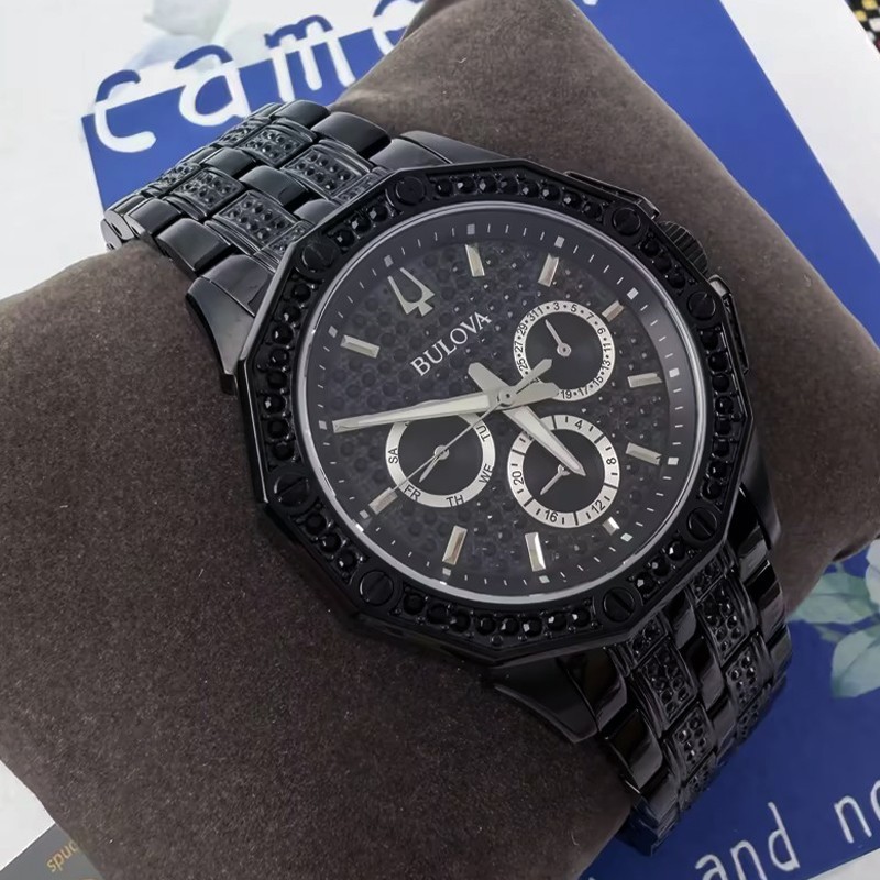 Bulova Classic Octava Crystal Men 98C134 Black Dial Diamond Quartz Watch 41.5mm