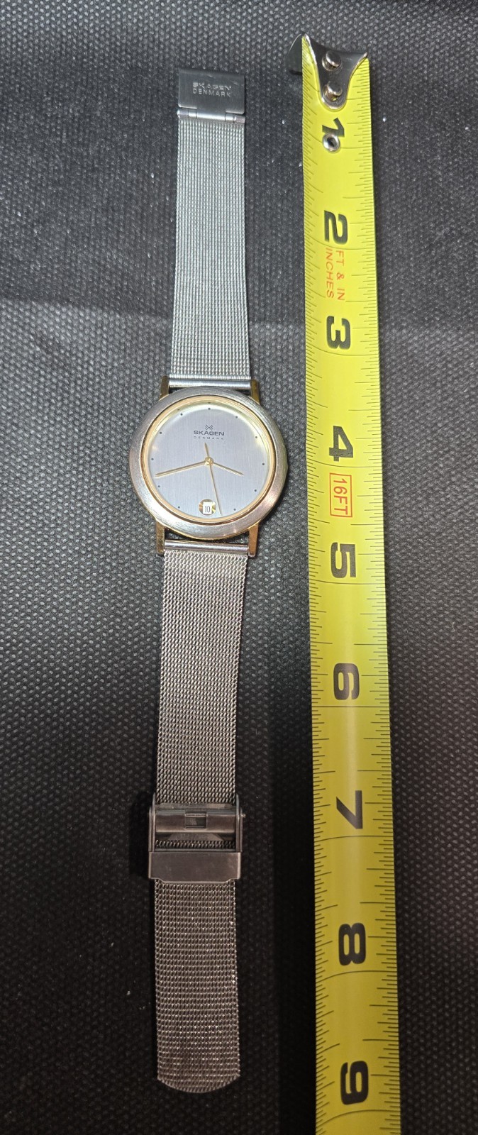 Vintage Skagen Denmark Quartz Two Tone Gold Silver Watch Date-Time Mesh 36mm