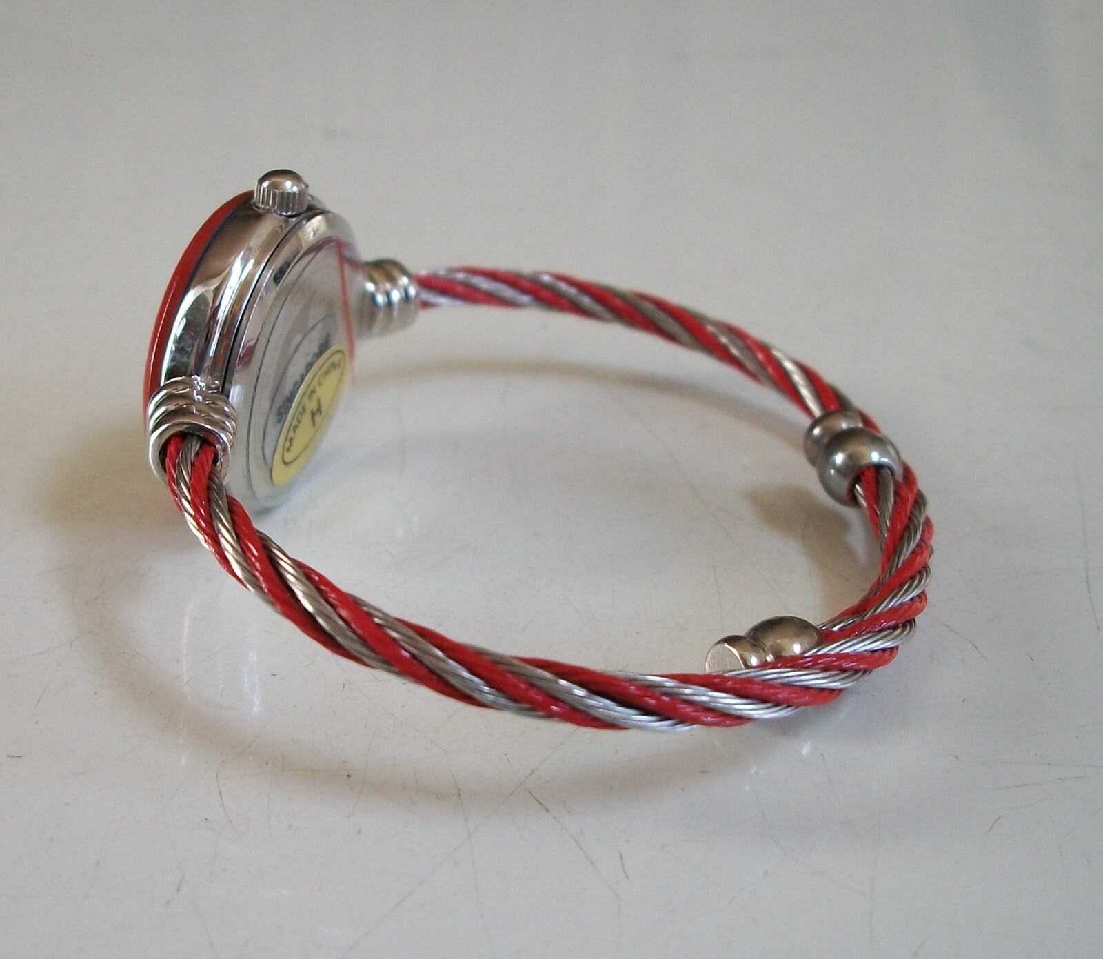 Women’s Red & Silver Cable Band Black Gold Number Dial Bangle Cuff Fashion Watch