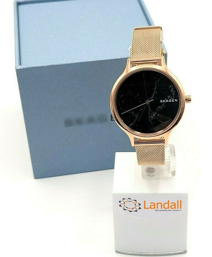 Skagen Anita Ladies Black Marble Stone Dial Rose Gold Tone 34mm Watch SKW2721