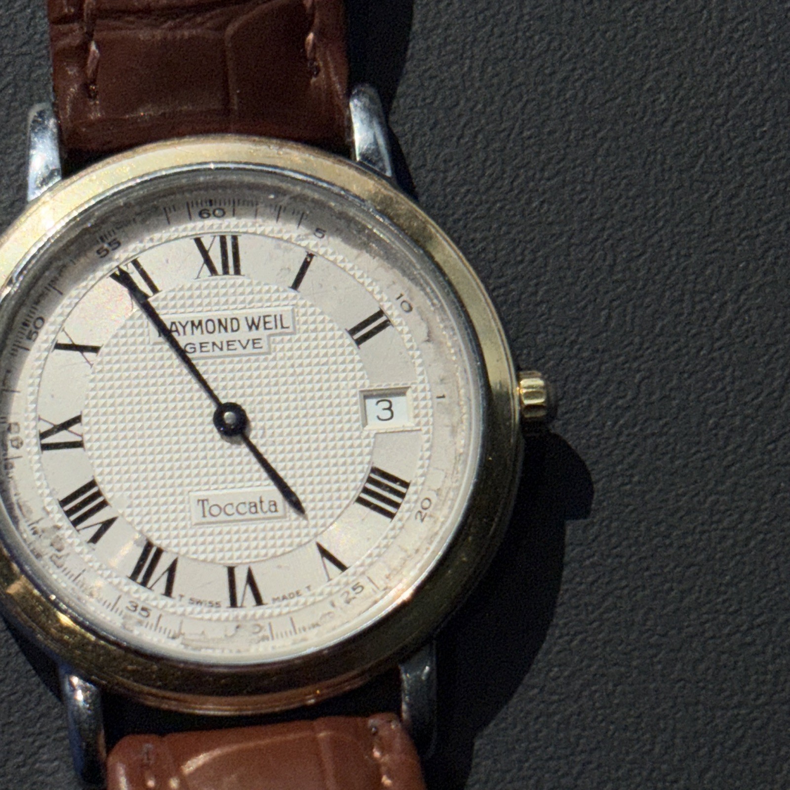 Raymond Weil Toccata Quartz Date Two-Tone Case Brown Leather White Roman Dial