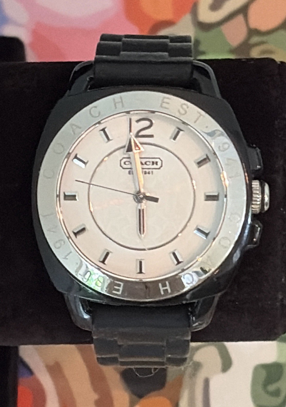 COACH Ladies Boyfriend Watch Black and Silver Silicone Rubber Band ~ Classic!