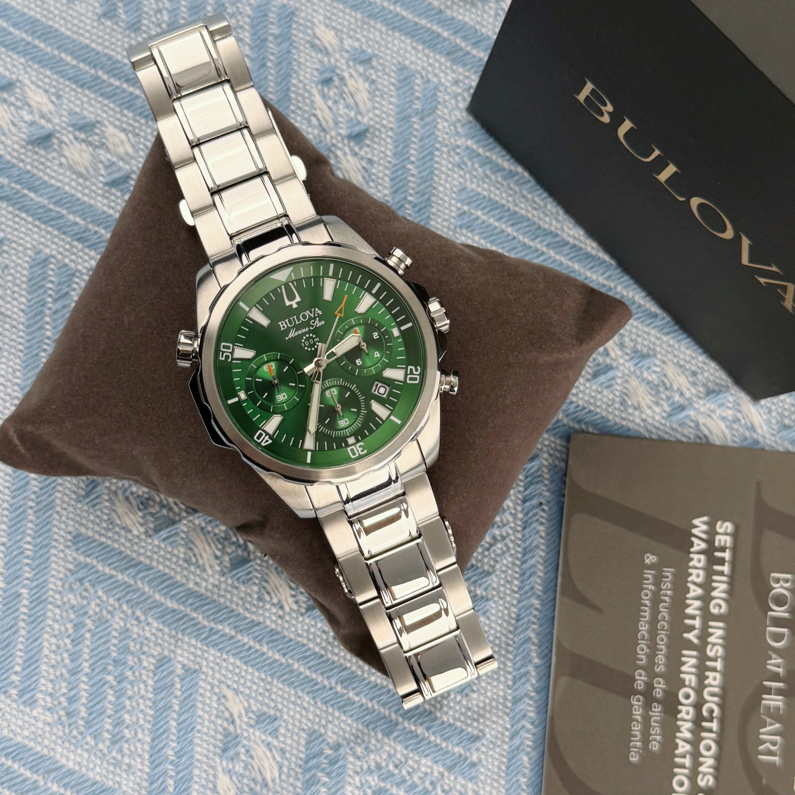 New Bulova Marine Star Chronograph Men’s Watch Green Dial 43mm/96B396