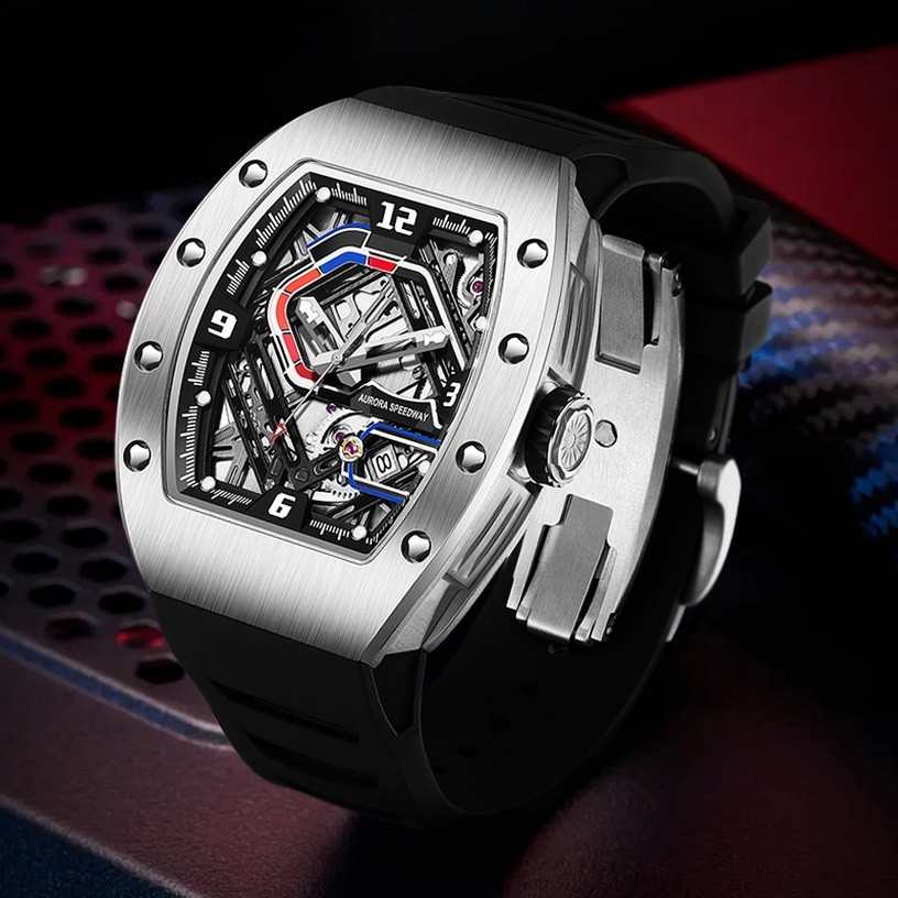HANBORO Men Automatic Watch Tonneau Mechanical Wristwatch Racetrack Miyota 9015