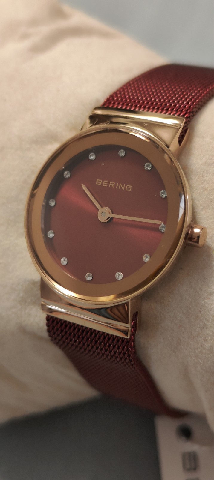 Bering Classic 25mm Rose Gold/Red Stainless Steel Ladies Watch 10126-363 New