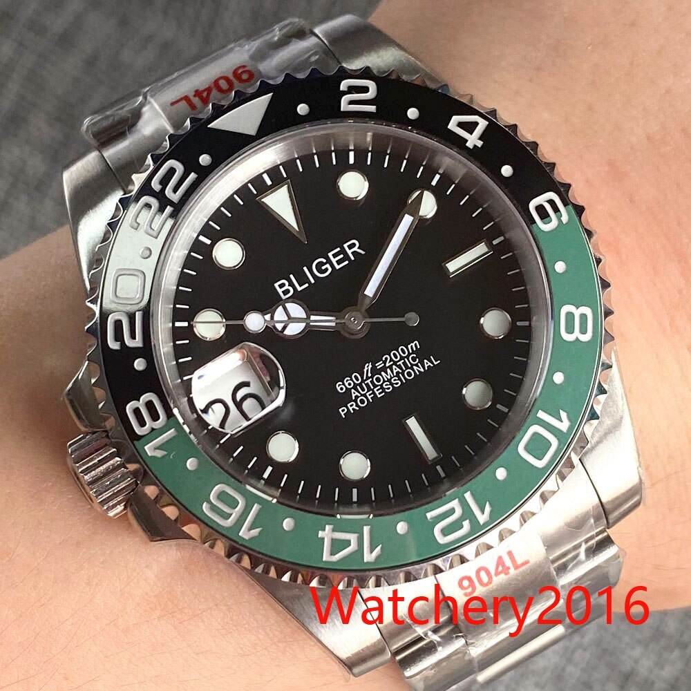 40mm Bliger Left Crown Black Dial Blue Red Green Bezel NH35A Automatic Men Watch
