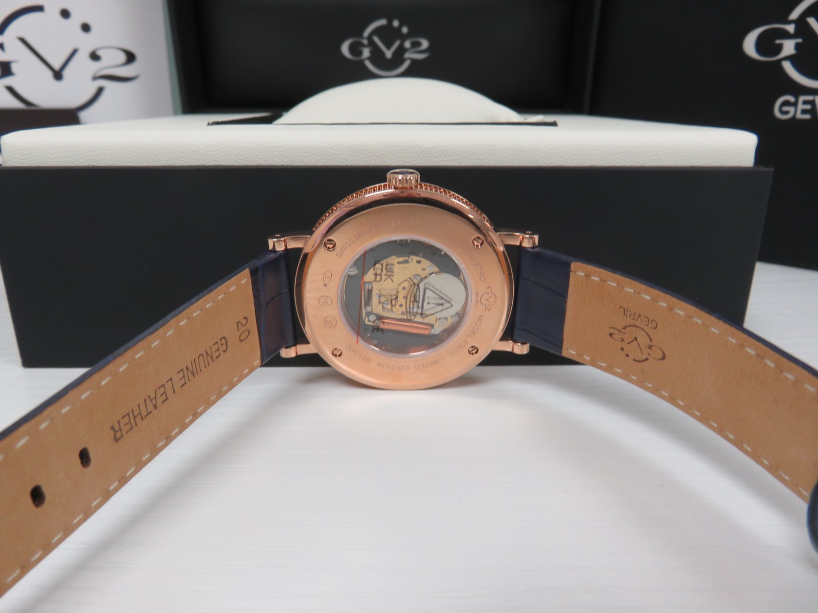 GV2 By Gevril Men’s 43603 Maestro Month Day Date Moon Phase Blue Leather Watch
