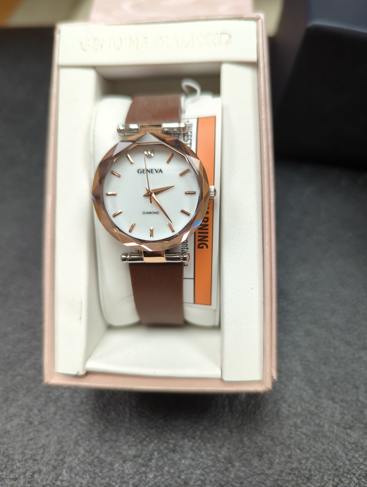 Geneva Ladies Genuine Diamond Dial 34mm Rose Tone Brown Strap Watch