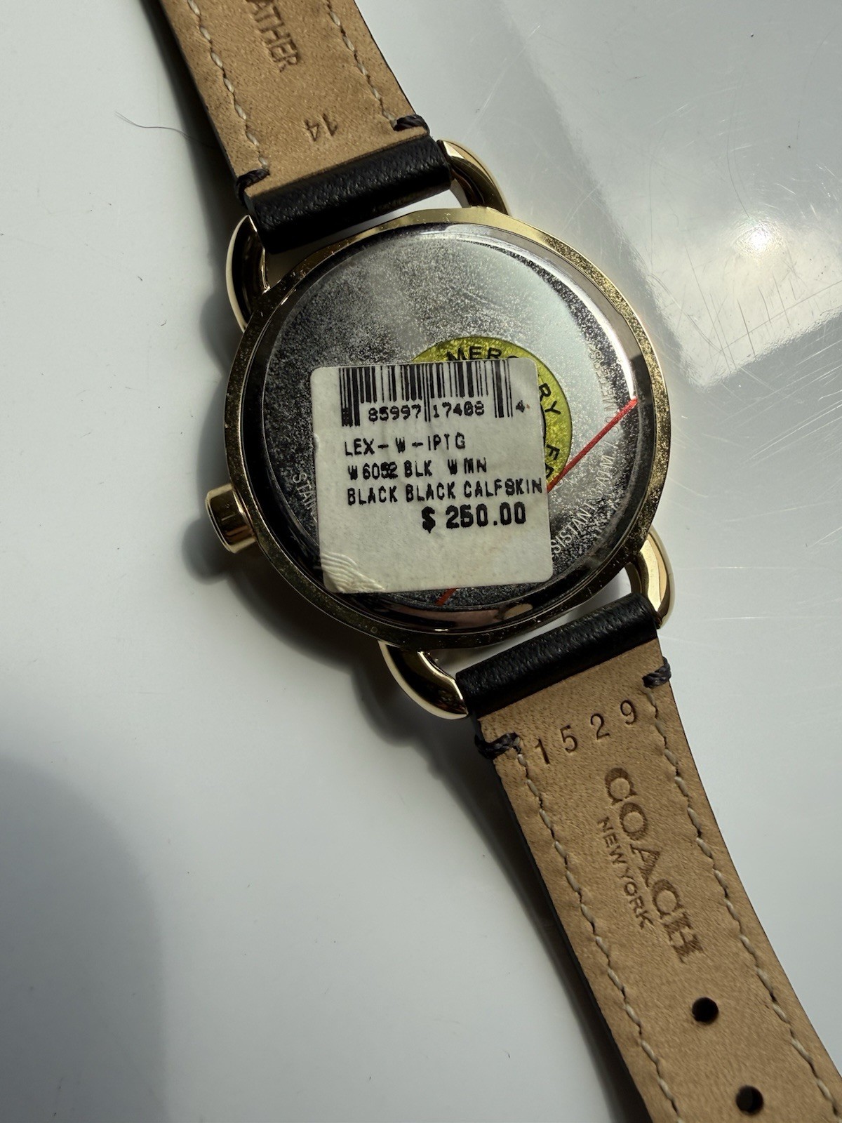 Coach Lex Women’s 28mm Quartz White Dial Gold Tone Crystal Bezel Black Leather