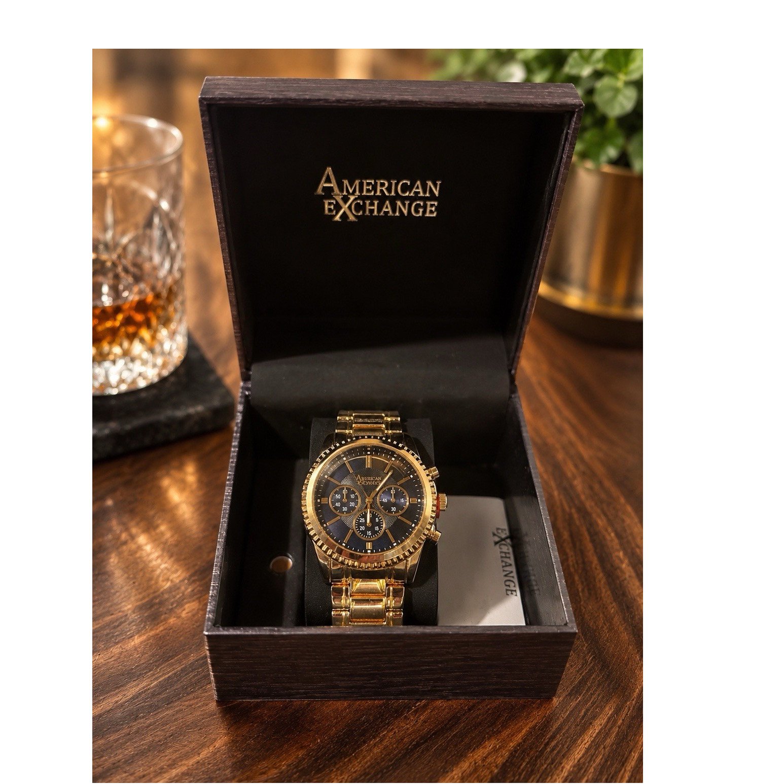 American Exchange Men’s Gold Chronograph Wristwatch Blue Dial Gold Metal Band