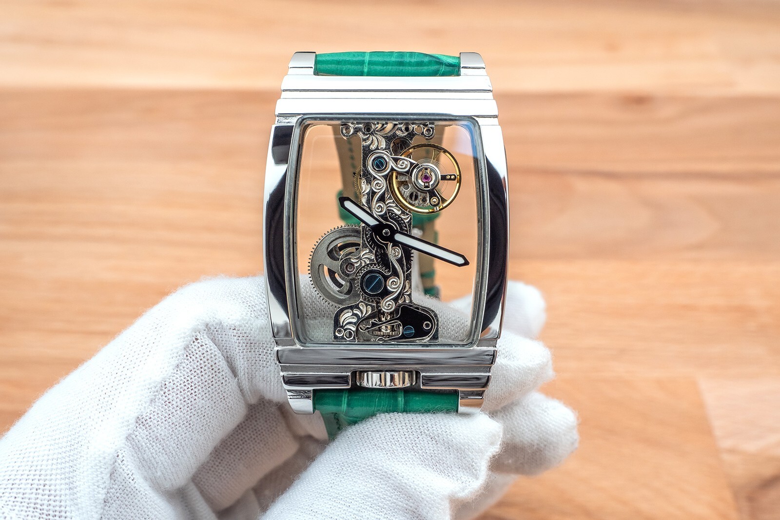Mens Silver Bridge Manual Mechanical Watch – Green Leather Strap Gift