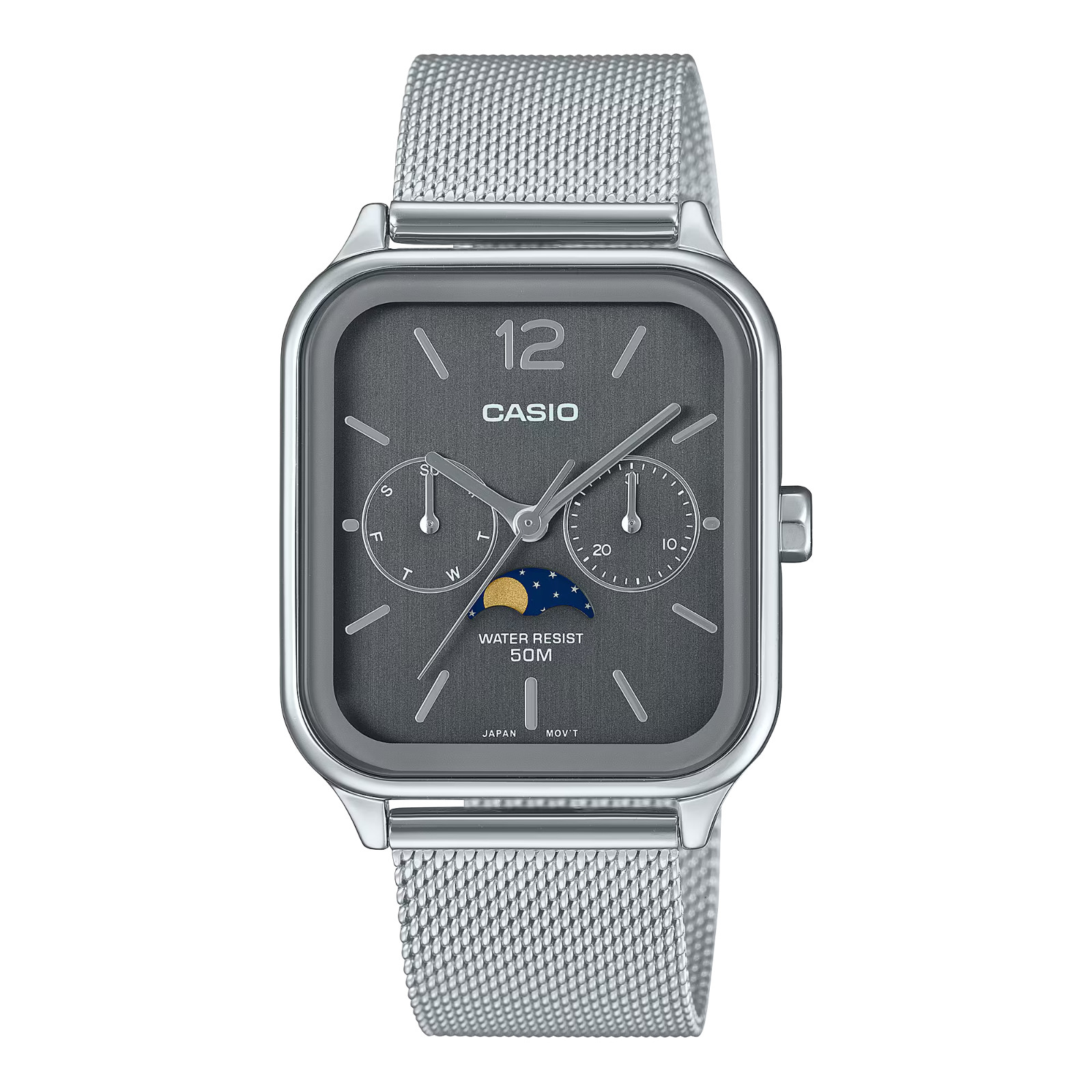 Casio Men’s Moon-Phase Stainless Steel Silver Watch 34mm MTPM305MC-8AV NEW