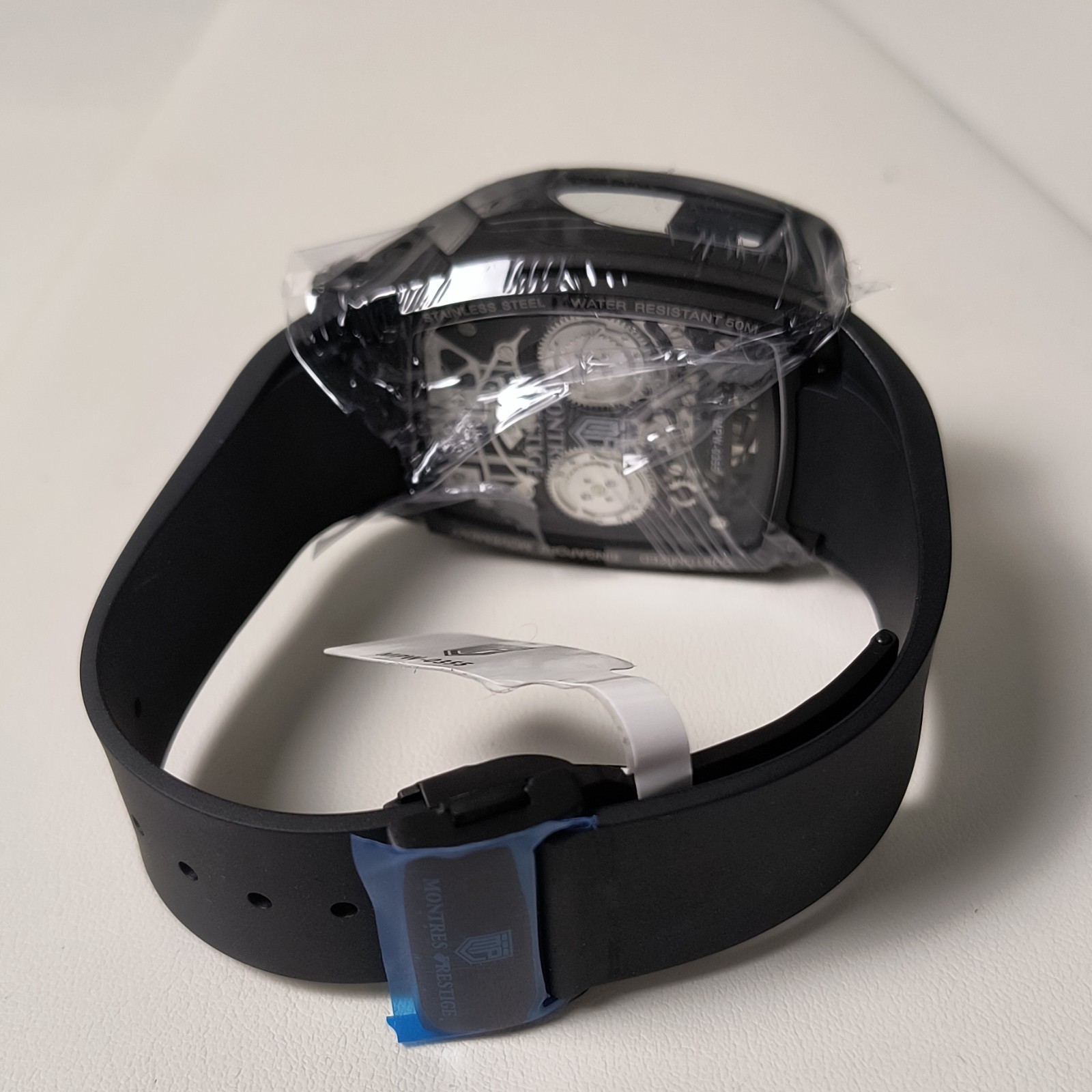 Montres Prestige Automatic Skeleton Black Dial Tonneau 44m Silicone Strap Box