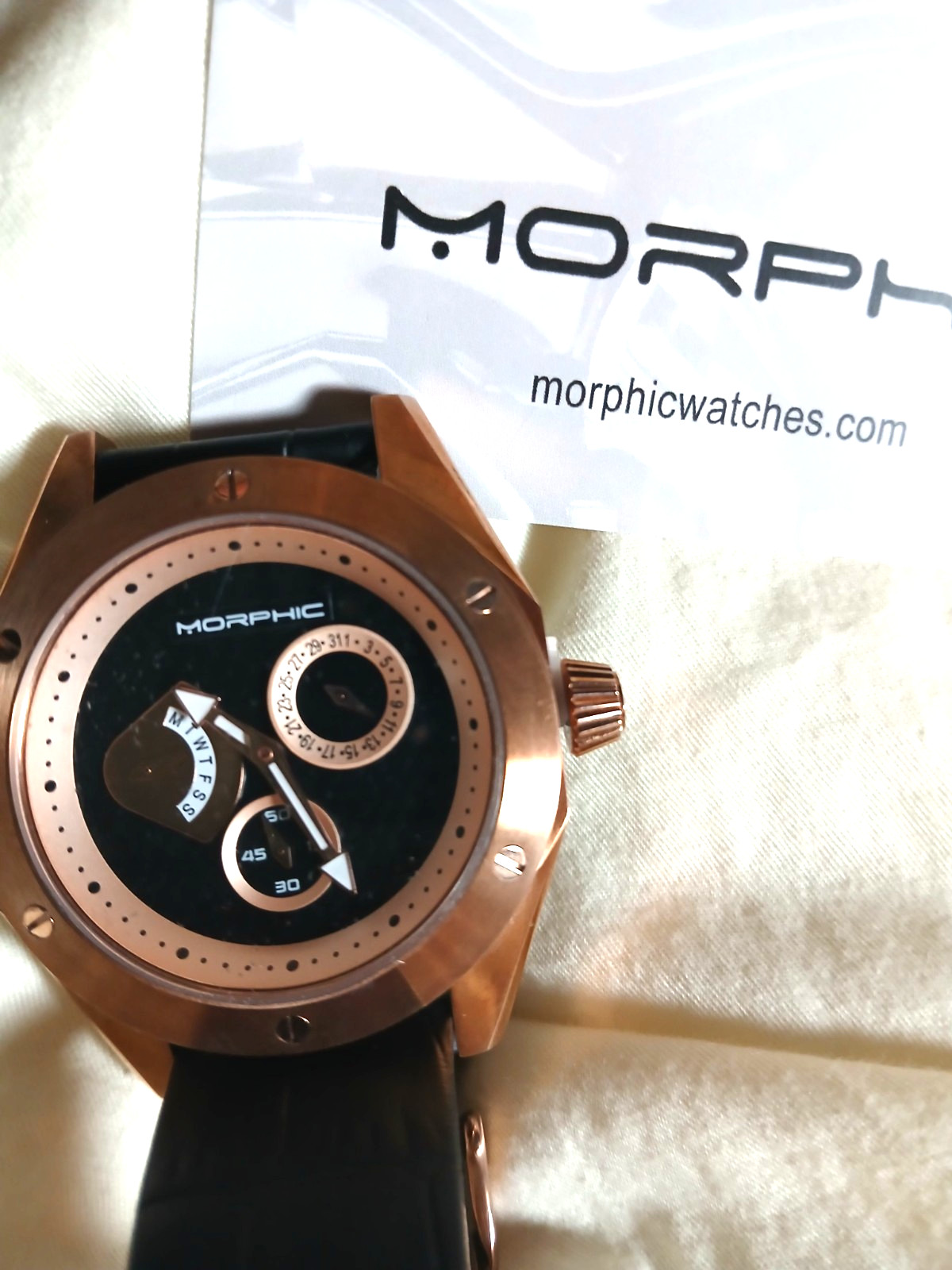 Morphic M46 Series Leather-Band Men’s Watch – Black/Rose Gold