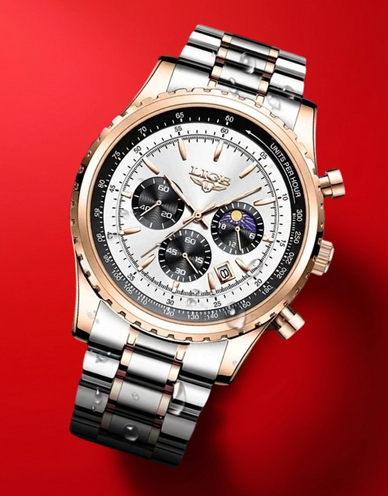 Men Watch Quartz Luminous Rose Gold Case Silver White Dial Stainless Wrist Lige