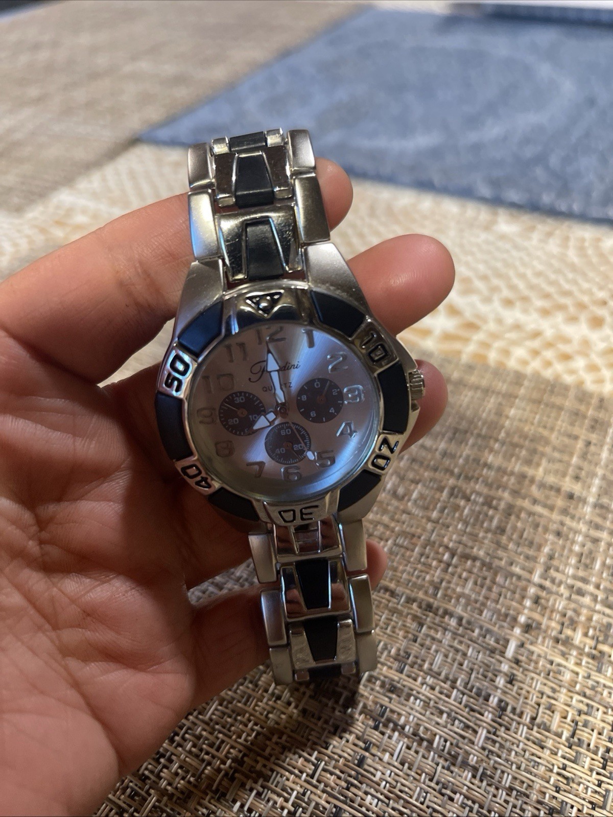 Fondini Quartz Chronograph Analog Watch Silver Dial Black/Silver Metal Bracelet