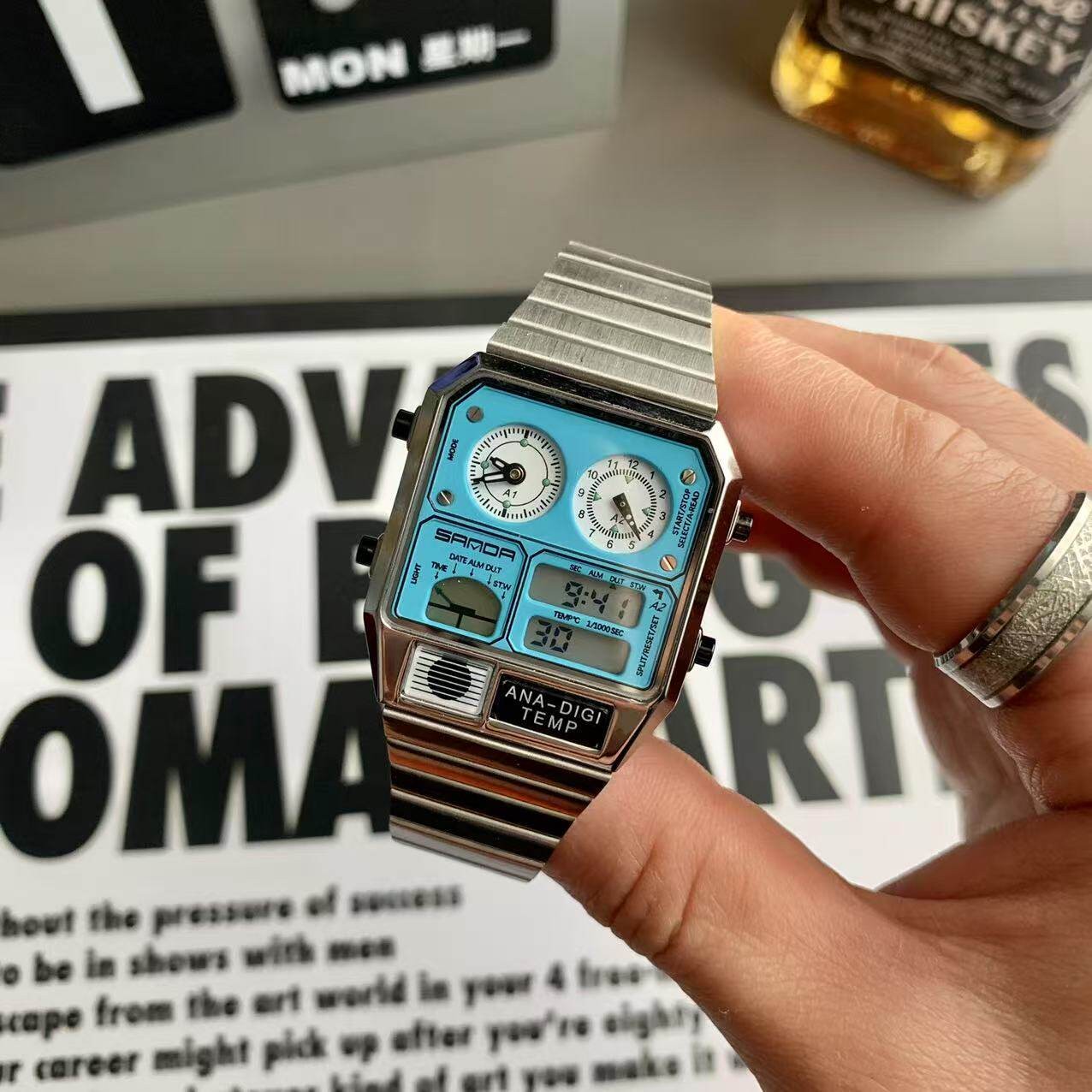 Retro Thin Square Sports Watch Luminous Alarm Waterproof Stainless Steel Band