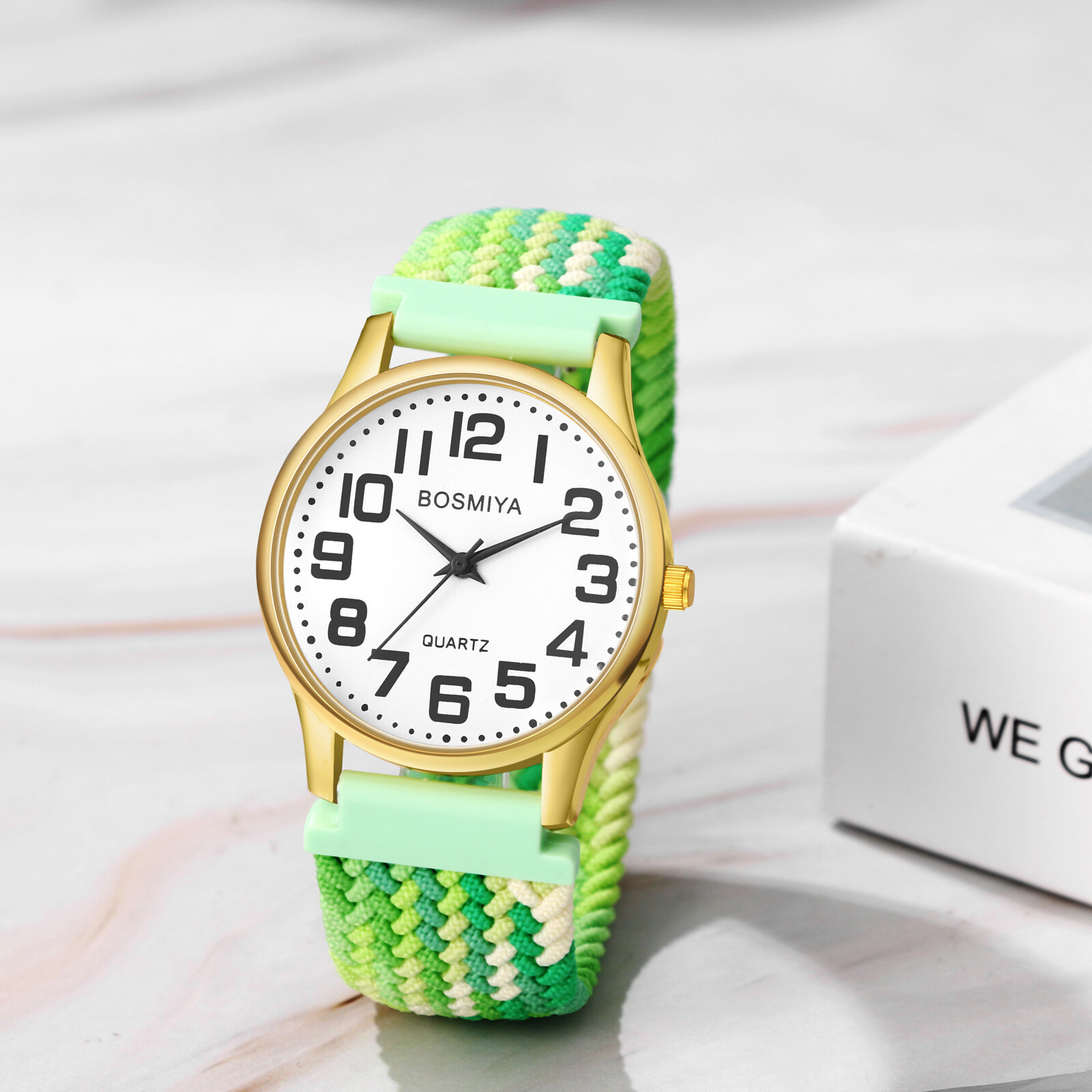 Women Men Elastic Braided Band Large Round Dial Easy Reader Analog Quartz Watch