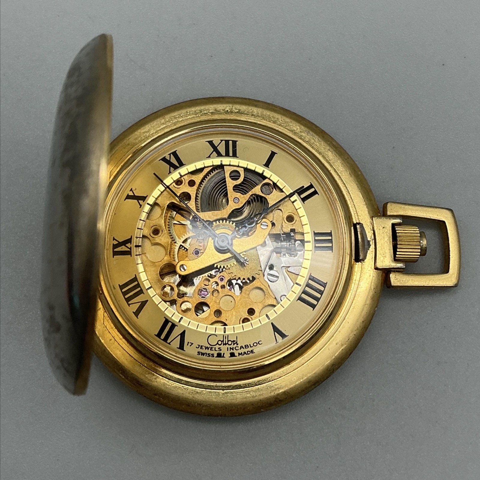 Colibri Pocket Watch Men 42mm Gold Tone Automatic Skeleton Full Hunter Swiss