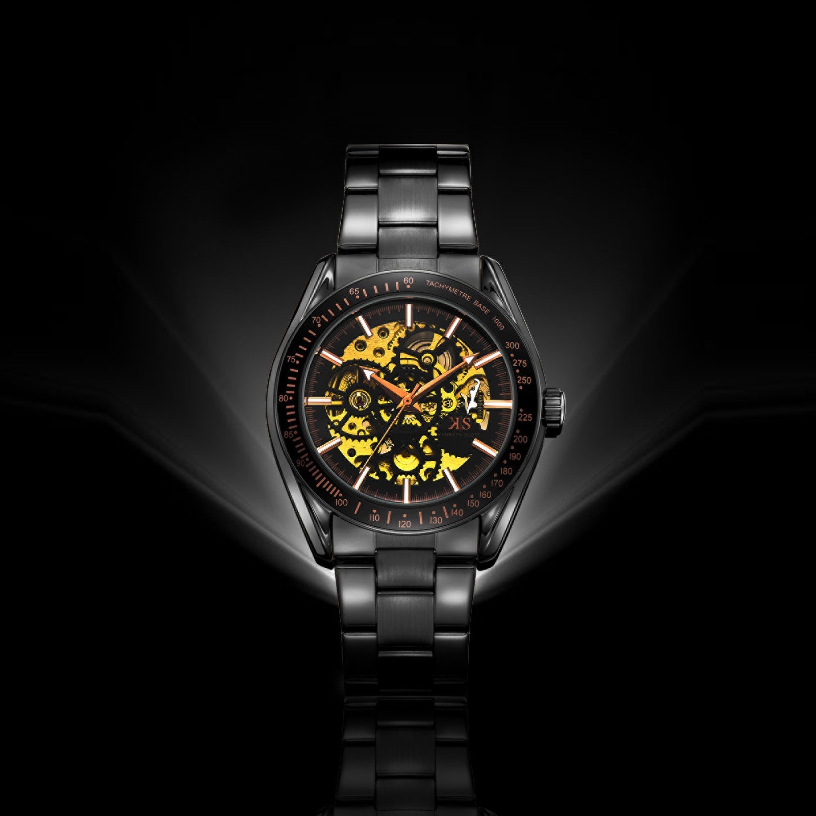 Kenneth Scott Men’s Mechanical Casual Watch | Black Dial, Gold Case & Strap