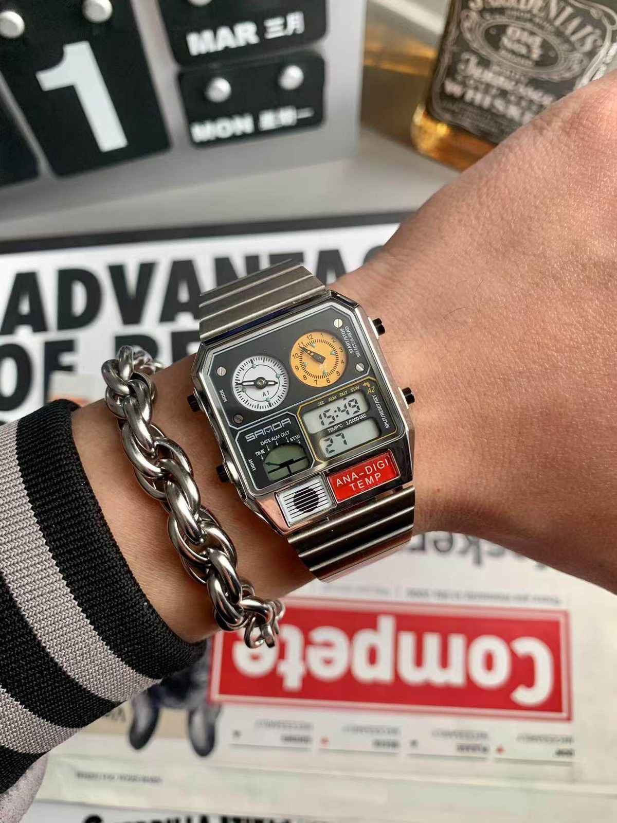 Retro Thin Square Sports Watch Luminous Alarm Waterproof Stainless Steel Band