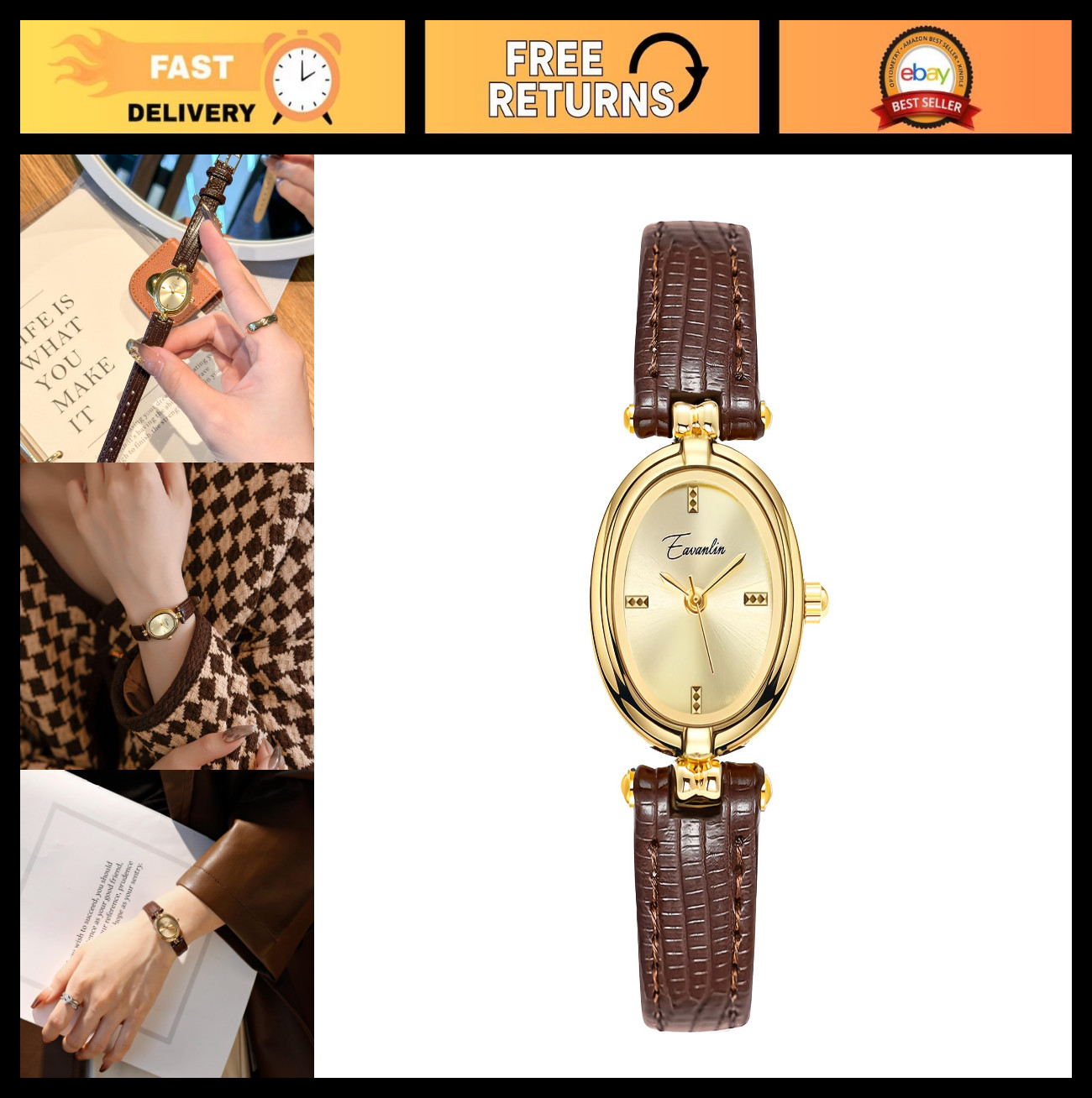 Fashion Women’s Gold Oval Quartz Watch – Vintage Leather Band, Waterproof Casual
