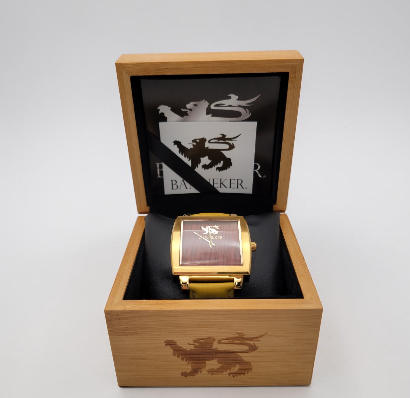 ​Banneker The Baller Watch 004-434 Gold Tone Wood Dial Yellow Leather Strap New