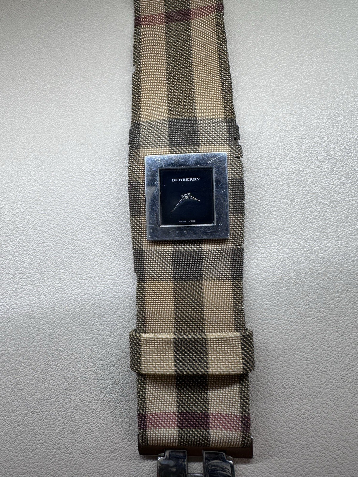 Burberry Women’s Quartz Square Watch 22mm Silver SS Case Check Canvas Strap