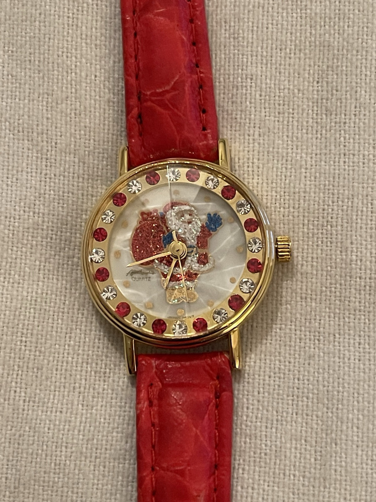 Red Genuine Leather Afterthoughts Quartz Watch, Round Santa Red & Clear Crystals