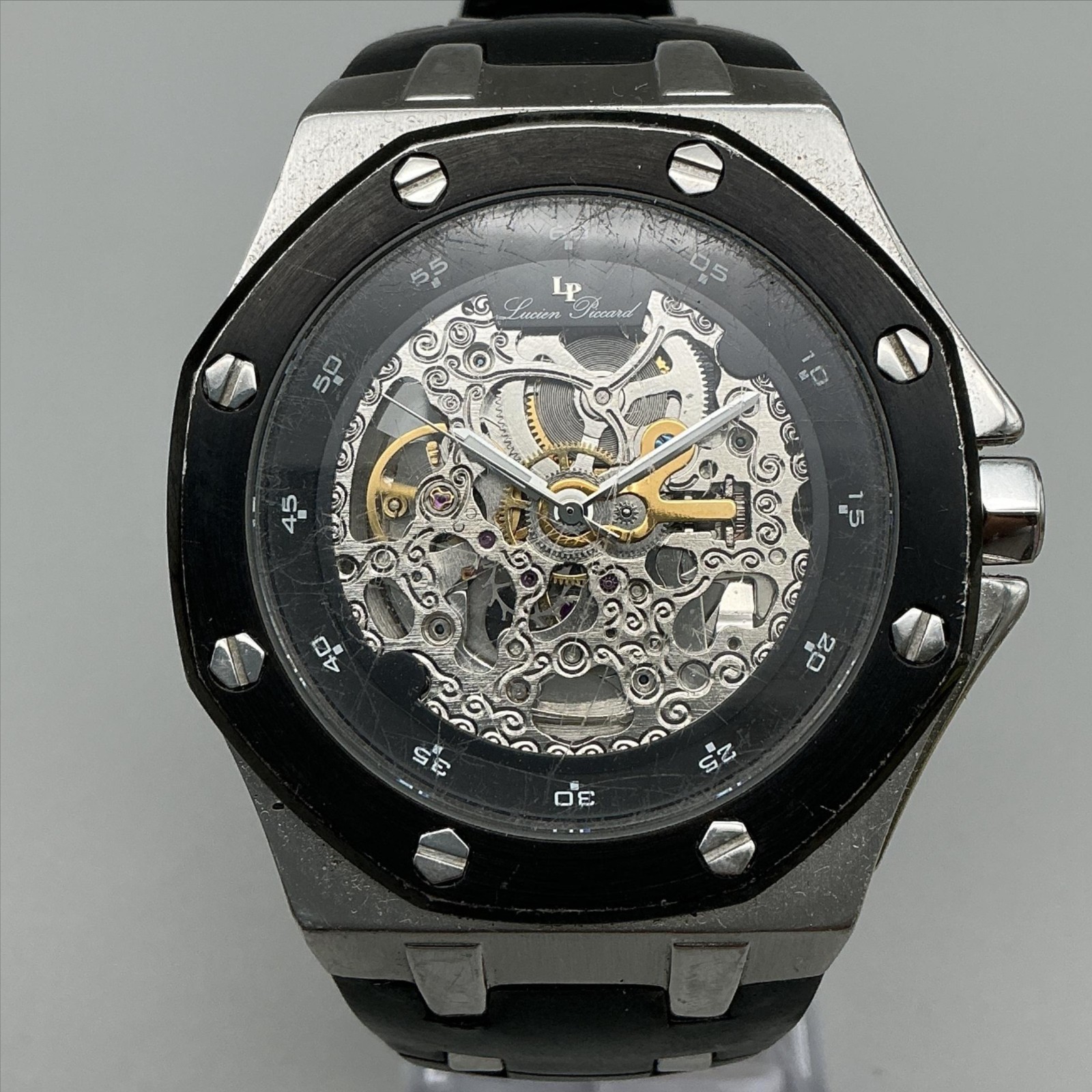 Lucien Piccard LP-28501 Mens Watch 46mm Skeleton Silver Black Rubber Automatic