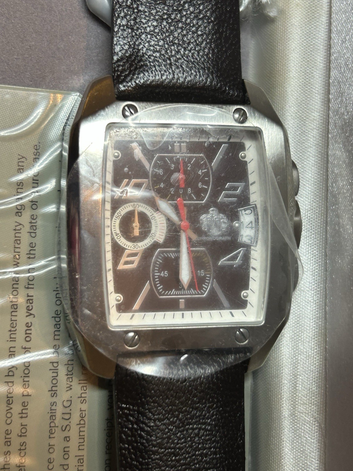 SUG Limited Edition Chronograph Stainless Steel Wristwatch Leather Band Box Pap…