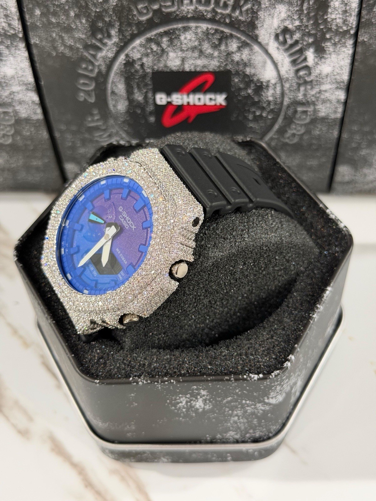 Casio GA-2100 G-Shock Watch – Moissanite Case Mod – Blue Dial