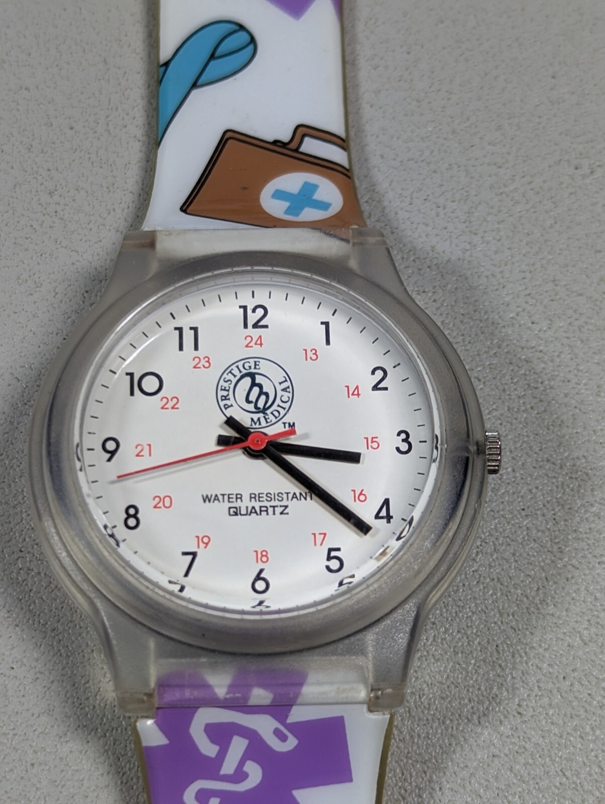 Prestige Medical Blue Red Pink Yellow Ribbon Clear Case Silicone Band Watch