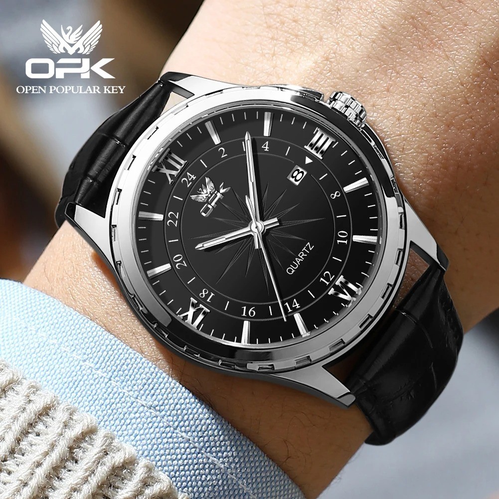 OPK Quartz Watch Men Comfortable Leather Strap Waterproof Fashion Dress Wristwat