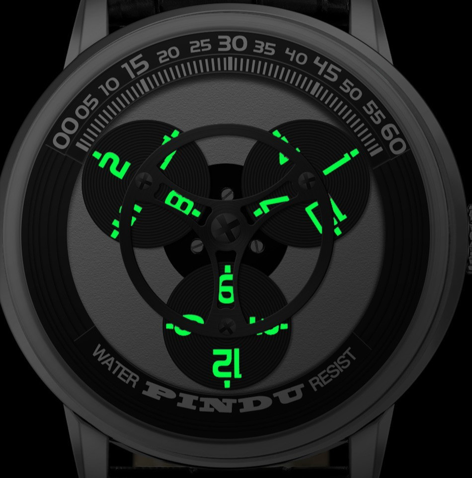PINDU Men’s Automatic Watch Unique Rotating Disc Dial Miyota 8215 Luminous Leath