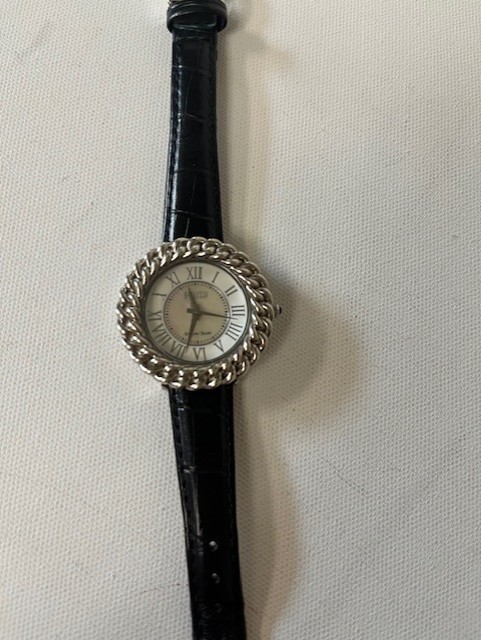 Ecclissi Sterling Silver Watch with Black Leather Band Mother of Pearl Face