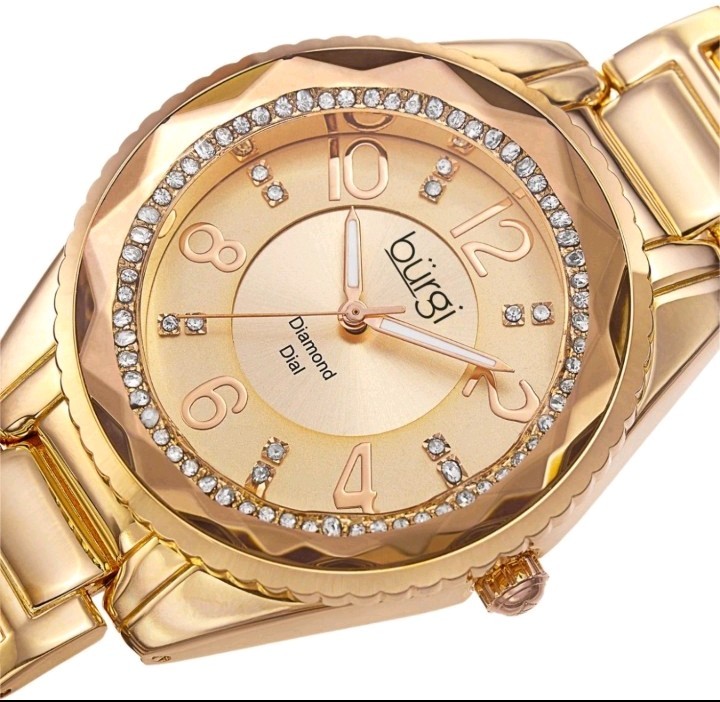 Burgi Women’s Quartz Rose Gold Tone Watch Crystal Bezel Diamond Dial